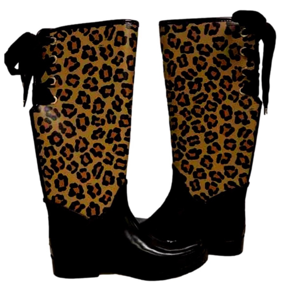 COACH Ocelot Leopard Print Rear Corset Black Lace-up Rain Boots Size 8